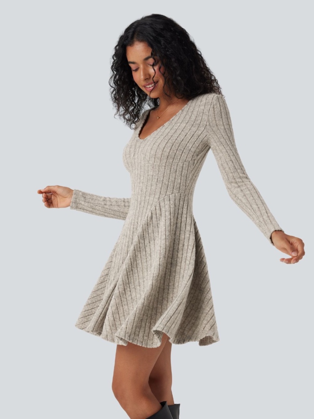 Halara Ribbed Flare Mini Dress Large Long Sleeve V Neck Stretch Warm Grey